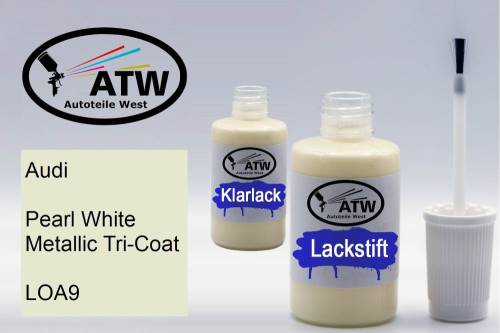 Audi, Pearl White Metallic Tricoat, LOA9: 20ml Lackstift + 20ml Klarlack - Set, von ATW Autoteile West.